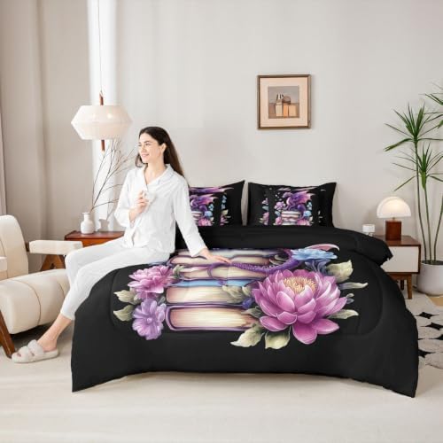 Feelyou Dragon Comforter Set Queen Size 7 Pieces Book Lover Bedding Set for Kids Boys Girls Dark Fantasy Bed in a Bag with Comforter, Sheets, Pillowcases, Cushion Covers Lightweight