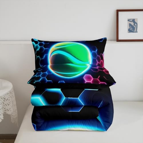 Erosebridal Tennis Kids Bedding | 3D Glitter Ball Pattern Full Comforter Sets,Colorful Neon Honeycomb Comforter Geometric Hexagon Duvet Insert with 2 Pillow Cases