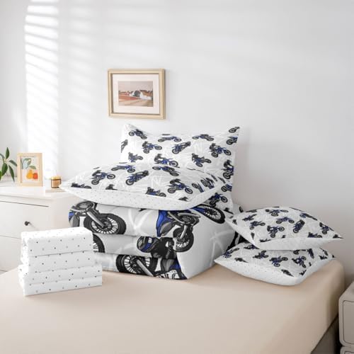 Feelyou Dirt Bike King Comforter Set with Sheets for Boys Girls Graffiti Style Lines 7 Pieces Bedding Set Extreme Sports Bed in a Bag Racing Motocross Rider Room Decor Motorcycle Soft Lightweight