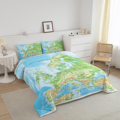 Erosebridal World Map Comforter Set Full Size, Blue Ocean Bedding Set for Kids Boys Girls, Map of Various Countries Quilted Duvet Abstract Art Bedding Comforters Breathable Bedroom Decor