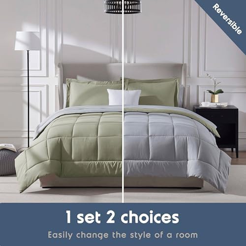 Nestl 9 Piece Full Comforter Set – Light Sage Reversible Bed in a Bag – Complete Full Size Bedding Set with Sheets, Set of 2 Cooling Pillows, Pillowcases and Shams