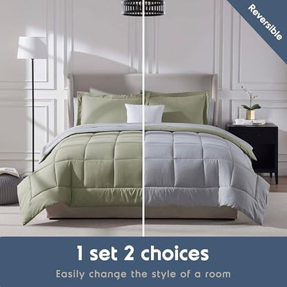 Nestl 9 Piece Full Comforter Set – Light Sage Reversible Bed in a Bag – Complete Full Size Bedding Set with Sheets, Set of 2 Cooling Pillows, Pillowcases and Shams