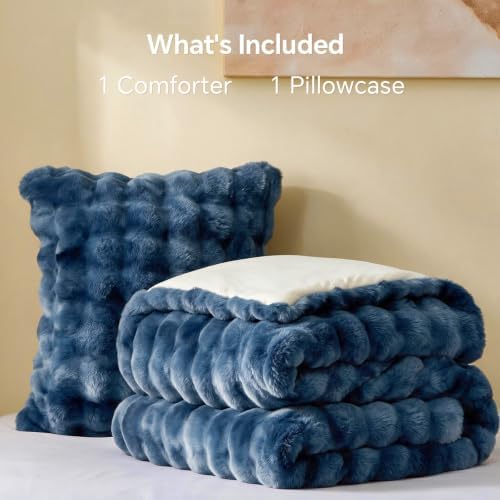BEDELITE Tie Dye Faux Fur Comforter Set Twin,Thick Winter Comforter,Navy