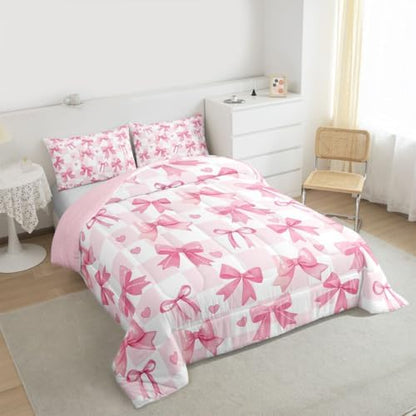 jejeloiu Watercolor Bow Kids Comforter Set Toddler Size Pink Bow Bedding Set Dreamy Princess Style Duvet Quilt for Kids Boys Girls Bedroom Decor Microfiber Ultra Soft Breathable
