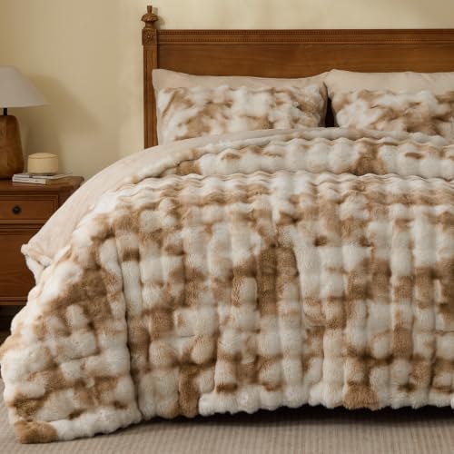 BEDELITE Tie Dye Faux Fur Comforter Set King,Thick Winter Comforter,Beige