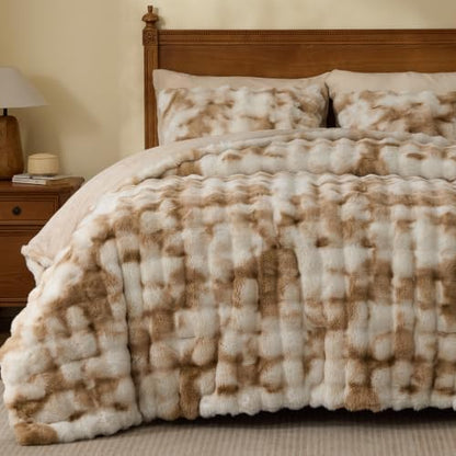 BEDELITE Tie Dye Faux Fur Comforter Set King,Thick Winter Comforter,Beige