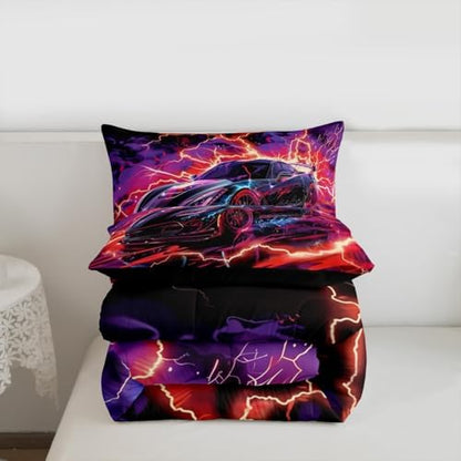 Feelyou Sports Car Comforter Set Toddler Size Lightning Bolts Bedding Set for Kids Boys Girls Race Car Duvet Quilt Speed Sports Games Bedroom Decor Cool Modern Microfiber 2 Pcs with 1 Pillow Cases