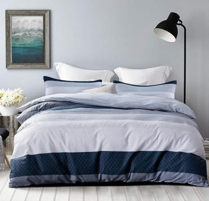 SLEEPBELLA Comforter King Size, 600 Thread Count Cotton White and Navy Striped Patchwork Reversible Pattern Reversible Blue Comforter Set,Down Alternative Bedding Set 3Pcs (King, Blue Patchwork)