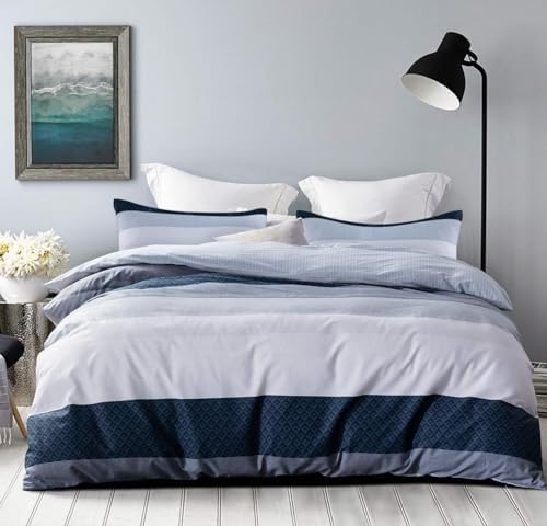 SLEEPBELLA Comforter Queen Size, 600 Thread Count Cotton White and Navy Striped Patchwork Reversible Pattern Reversible Blue Comforter Set,Down Alternative Bedding Set 3Pcs (Queen, Blue Patchwork)