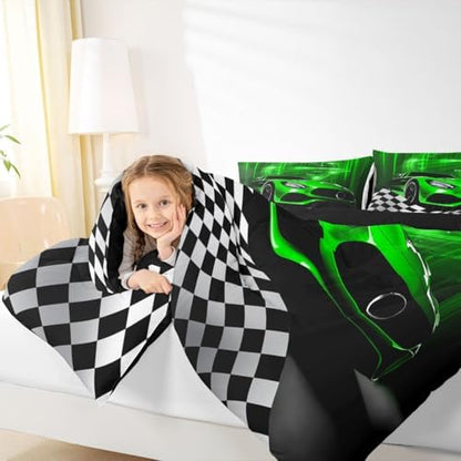 Erosebridal Green Race Car Queen Comforter Set for Toddler Boys,Glitter Ombre Line Art Bedding Set Neon Light Sports Car Dashboard Quilt,Black and White Grid Lattice Buffalo Plaid Decor