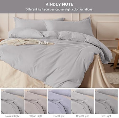SAPHREAS 100% Washed Cotton Duvet Cover Queen Size Set, Linen Like Comforter Cover with Zipper Closure & Corner Ties (No Comforter), 90x90 Light Grey