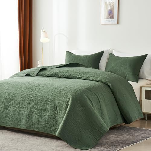 akkialla King Quilt Bedding Set,Olive Green Ultrasonic King/Cal King Quilt Set,Lightweight Soft Bedspread Coverlet,Modern Style Coin Pattern Bed Cover for All Seasons,3 Piece(1 Quilt,2 Pillow Shams)