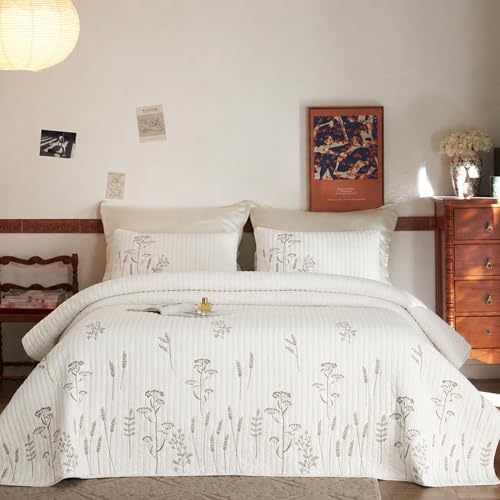 MarCielo 3pcs Cotton Floral Quilt Set, White Floral