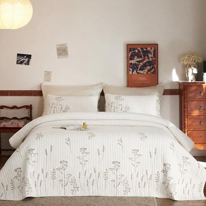 MarCielo 3pcs Cotton Floral Quilt Set, White Floral