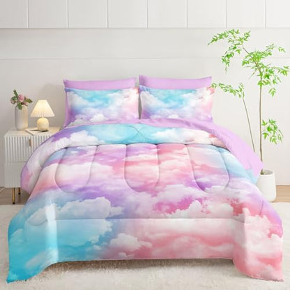 7Pcs Comforter Set Colorful Clouds Printed Bedding Set with 1 Comforter, 1 Flat Sheet, 1 Fitted Sheet and 4 Pillowcases for Boys and Girls Bedroom All Season(Queen)