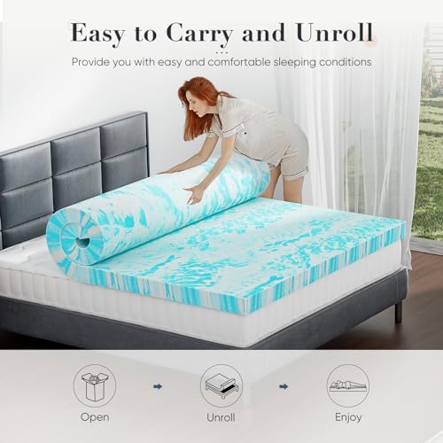 DUMOS Memory Foam Mattress Toppers, Thick Mattress Pad Cooling Gel Infused Soft Comfy Breathable for Sleeper Sofa Couch RV Camper, CertiPUR-US Certified, Blue, 2 Inch, Twin XL Size
