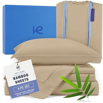 Kickoff Viscose Bamboo Sheets Queen Size 4-pc 100% Organic Bamboo Viscose Bed Cooling Sheets Queen Size Set Cool Bedding for hot Sleepers Sheet Set - Gift Ready Packaging (Sand, Q)