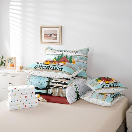 Erosebridal Kids Camping 7 Piece Bedding Set Twin,Kawaii Camper Gnomes Comforter Set Bed in a Bag,Vintage Farmhouse Wooden Board Flat Fitted Sheet,Jungle Trees Duvet Insert Reversible