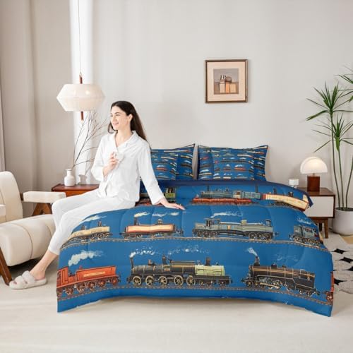 Feelyou Vintage Train Comforter Set Full Size 7 Pcs Bedding Set Boys Girls