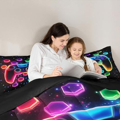 Game Consoles Kids Boys Reversible Comforter Set Toddler Size,Gaming Bedding Sets Galaxy Neon Honeycomb Video Games Polyester Quilt Set Gamer Room Decor Gifts,1 Pillowcase (Red Green Blue)