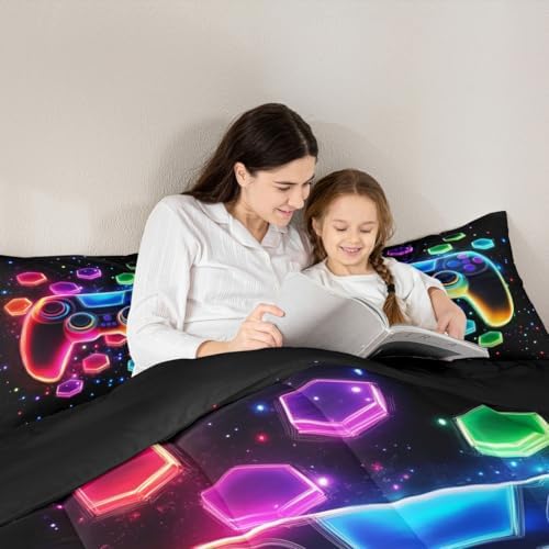 Game Consoles Kids Boys Reversible Comforter Set Full Size,Gaming Bedding Sets Galaxy 3D Neon Honeycomb Video Games Polyester Quilt Set Gamer Room Decor Gifts,2 Pillowcases (Red Green Blue)