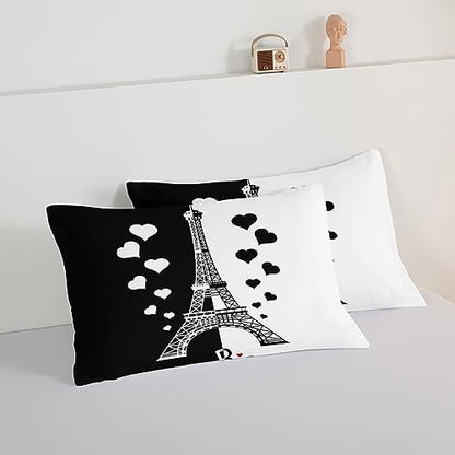 HOSIMA Black and White Stitching Love Heart Paris Bedroom Comforter Set,Eiffel Tower Modern French Style Bedroom Decor,Romantic Sweet Couple King Size Comforter with 2 Pillow Cases.