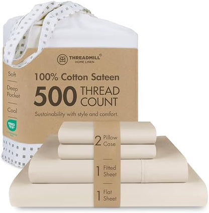 Threadmill 5-Star Hotel 500 Thread Count Best Bed Sheets, 100% Cotton Sheets Set for Queen Size Bed, Smoother Than Egyptian Cotton Claims, 4 Pc Set with Deep Pockets (Beige)