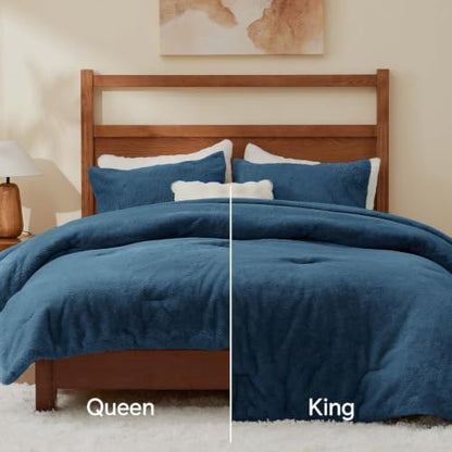 BEDELITE Faux Fur King Comforter Set Navy,Warm Bedding with 2 Pilowcases
