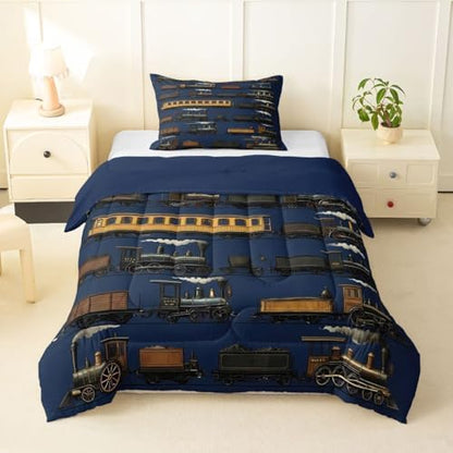 Erosebridal Navy Steam Train Toddler Bedding Set Travel Locomotive Train Comforter Set for Kids Boys Girls Vintage Transport Vehicle Down Comforter Steampunk Railway Quilt Duvet