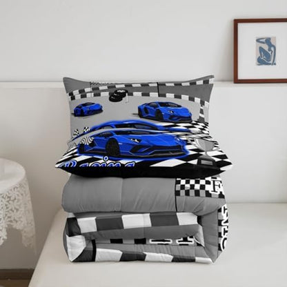 Feelyou Boys Race Car Comforter Set All Season Sports Racing Car Bedding Set with 2 Pillow Cases Extreme Sports Microfiber Kids King Bedclothes Bedroom Decor Duvet Quilt Breathable Soft Lightweight