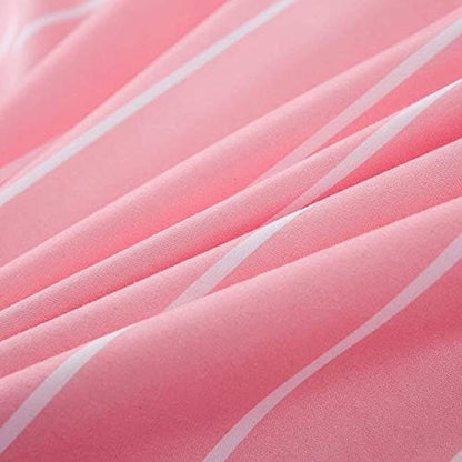 Pink Comforter Cover King Size Girls White Stripe Decor Bedding Set, Simple Fashion Style Duvet Cover, Soft Microfiber Reversible Bedspread, 3 Pieces Kids Boys Women Modern Quilt Cover, No Comforter