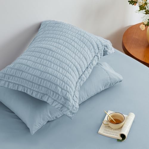 Love's cabin Seersucker Light Blue Queen Comforter Set