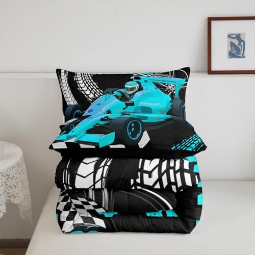 Erosebridal Go Kart Bedding Set, Race Car Bed for Boys Drift Kart Toddler Bedding Sets for Boys,Black and White Buffalo Plaid Comforter Set Square Grid Lattice Karting Quilt,Teal