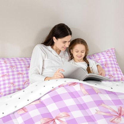 jejeloiu Checkerboard Bowknot Bedding Set Girls Comforter Set Twin Size