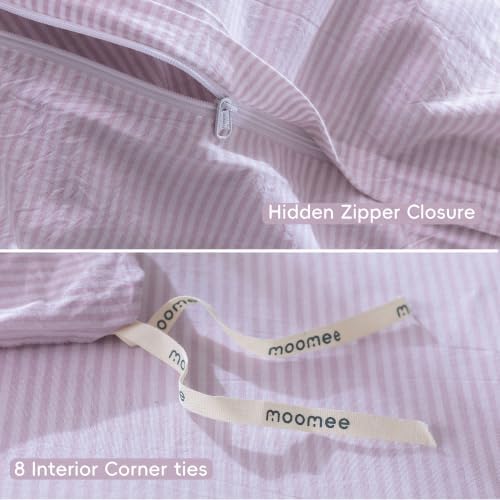 MooMee Striped Duvet Cover Set 100% Washed Cotton Linen Like King