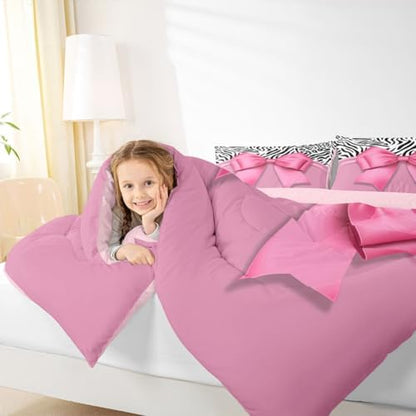 jejeloiu Pink Bow Comforter Set Toddler Size Zebra Stripes Bedding Set for Kids Boys Girls Girls Bow Duvet Quilt Bedroom Decor Microfiber 2 Pcs with 1 Pillow Cases