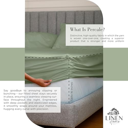Linen Home 100% Cotton Percale Sheets Twin Size Pack of 2, Oil Green, Deep Pocket, 6 Pieces Set- 2 Flat, 2 Fitted and 2 Pillowcases, Crisp Cool and Long Staple Strong Bed Linen