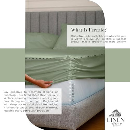 Linen Home 100% Cotton Percale Sheets Twin Size Pack of 2, Oil Green, Deep Pocket, 6 Pieces Set- 2 Flat, 2 Fitted and 2 Pillowcases, Crisp Cool and Long Staple Strong Bed Linen
