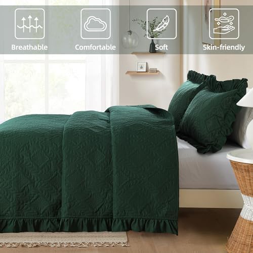 DJY King Quilt Set Emerald Green, 3 Pieces Ruffled Bedspreads Quilt