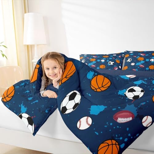 jejeloiu Ball Games Comforter Set All Season Soccer Basketball Baseball Football Bedding Set with 2 Pillow Cases Splash Ink Ball Games Microfiber Kids King Bedclothes Sports Theme Decor Duvet Quilt