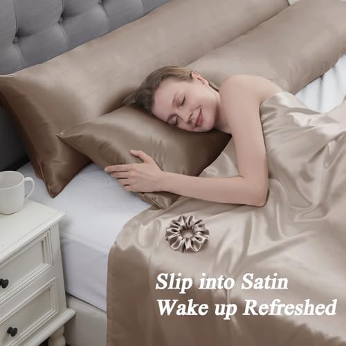 Vielit Satin Body Pillow Pillowcase 1pc,Silky Body Pillow Cover Similar to Silk Pillow Cases Soft Body Pillow Case 20x54 & Envelope Closure,Gift for Women Men Light Brown & 1 Satin Scunchie