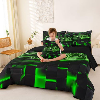 Feelyou Green Race Car Comforter Set King Size 7 Pieces Breathable Soft