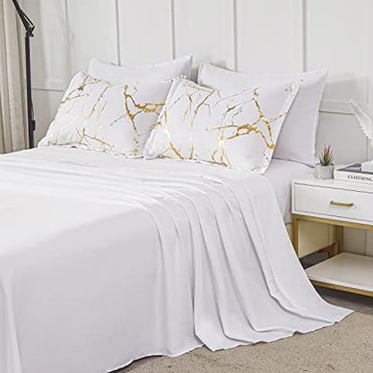Yogeneg Gold Metallic Marble King Size Comforter Set,7 Piece Bed in a Bag,Foil Print Glitter White Comforter and Sheet Set,All Season Soft Microfiber Complete Bedding Sets(White,King)