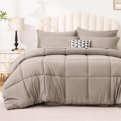 Love's cabin Full Comforter Set Light Brown, 7 Pieces Full Bed in a Bag, All Season Bedding Sets with 1 Comforter, 1 Flat Sheet, 1 Fitted Sheet, 2 Pillowcase and 2 Pillow Sham
