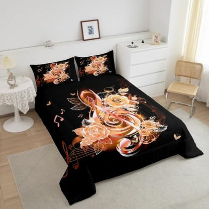 Feelyou Music Note Comforter Set King Size Couple Orange Rose Floral Comforter for Girls Women Lover Music Blossom Flowers Bedding Set Romantic Duvet Set Room Decor