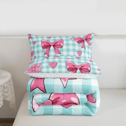 jejeloiu Checkerboard Bowknot Comforter Set All Season Pink Bow Bedding Set with 1 Pillow Cases Plaid Microfiber Kids Toddler Bedclothes Blue Bedroom Decor Duvet Quilt Breathable Soft Lightweight