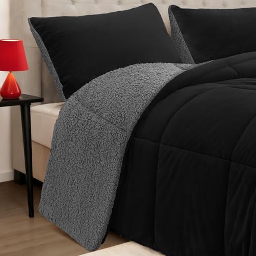 Fluffy Sherpa California King Comforter Set, Thick Bedding Set 3PC, Black