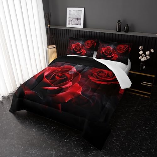 Nttopship Red Comforter Set King,Red Roses Bedding Set 3 Piece Bed in a Bag,Lover Romantic Flowers Comforter Valentine's Day Lightweight Soft Microfiber Bedding Sets with(Comforter,2 Pillow Cases)