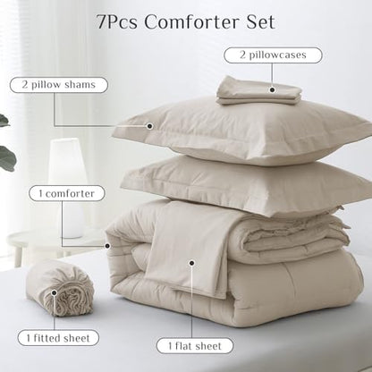 JOLLYVOGUE Full Comforter Set, Ultra-Soft Bed in a Bag Full Size 7 Pieces, Oeko-TEX Certified Bedding Set with Down Alternative Comforter, Sheets, Pillowcases & Shams, Oatmeal