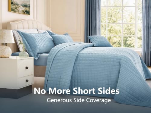 Oversized King Bedspreads 128x120, Grid Stitch, Blue Gray